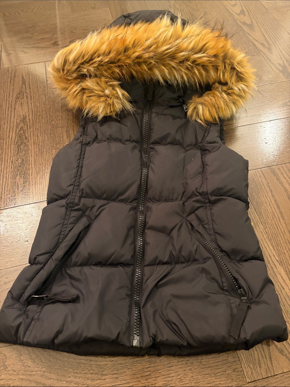 S13 Black Puffer Vest with Faux Fur-Trimmed Hood